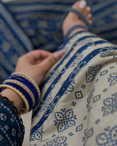Zarqaa Blue Pret Farshi Shalwar Digital 3 Piece Dhaga Pret