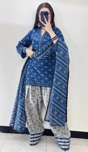 Zarqaa Blue Pret Farshi Shalwar Digital 3 Piece Dhaga Pret