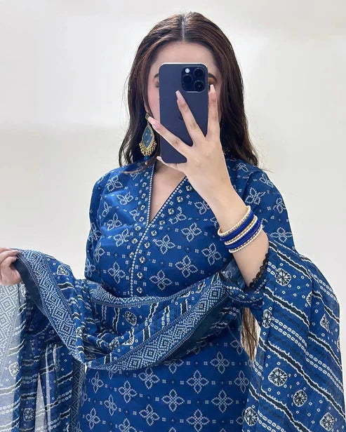Zarqaa Blue Pret Farshi Shalwar Digital 3 Piece Dhaga Pret
