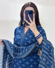 Zarqaa Blue Pret Farshi Shalwar Digital 3 Piece Dhaga Pret